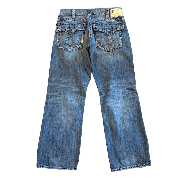 Silver Jeans Mens Sz 32x30 Blue Gordie Flap Relaxed Fit Distressed Thick Stitch - Picture 2 of 11